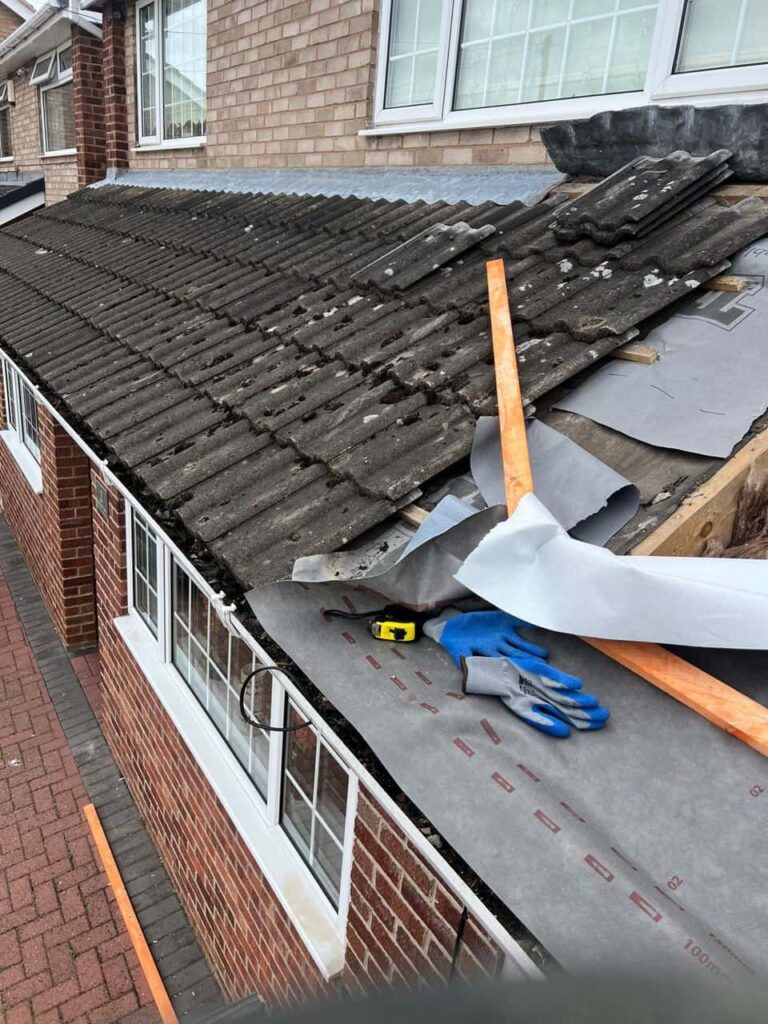 This is a photo of a pitched roof which is being repaired. The existing roof was leaking badly. Works carried out by Nettleham Roofing Repairs